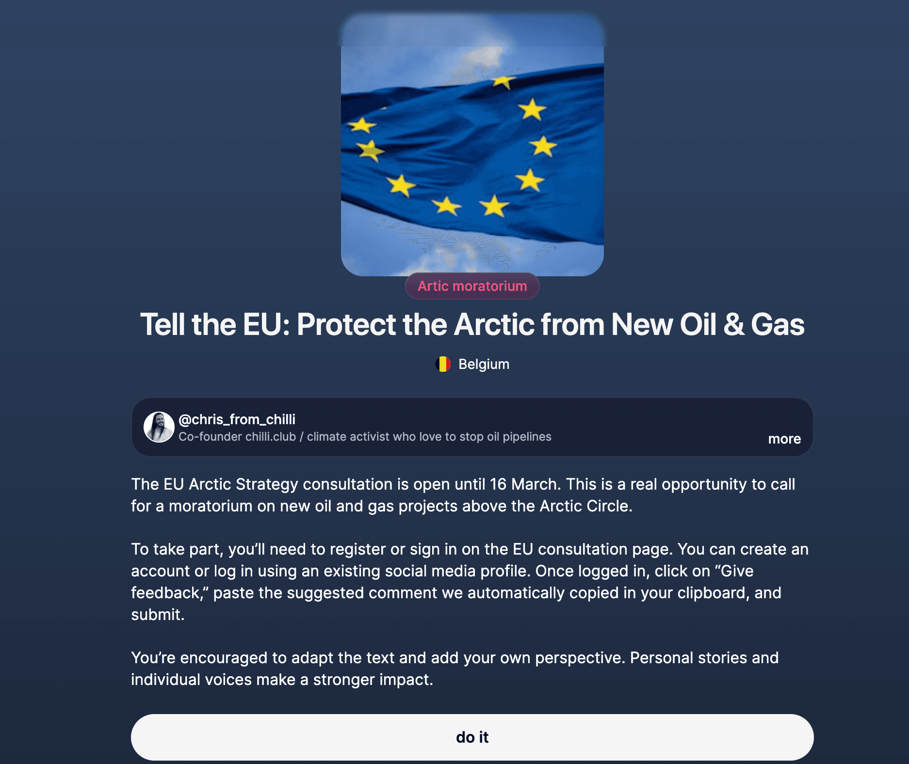 A screen displaying a call to action titled "Tell the EU: Protect the Arctic from New Oil & Gas," with an EU flag and details about an Arctic moratorium consultation.