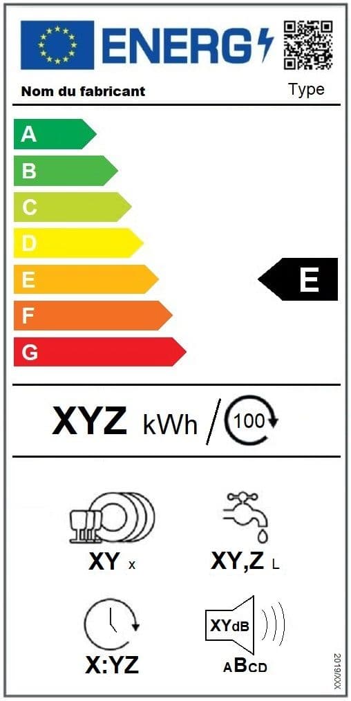 An EU energy label showing an energy efficiency rating of E.
