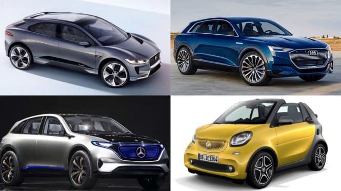 Illustrasjon av fire el-biler fra forskjellige produsenter