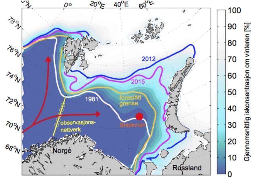 Figur 8. Variasjoner i isutbredelsen og iskanten i Barentshavet i relasjon til den nylig foreslåtte isgrenselinjen (gul linje).