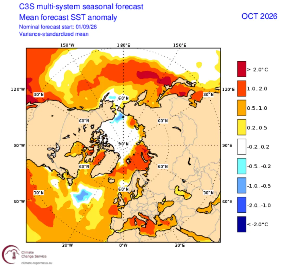 Kart som viser prognosen for avvik i havoverflatetemperaturen i Arktis og omkringliggende havområder i oktober 2026, med utbredte områder med varmere vann enn gjennomsnittet (rødt og oransje) og noen få små, kjøligere områder (blått).