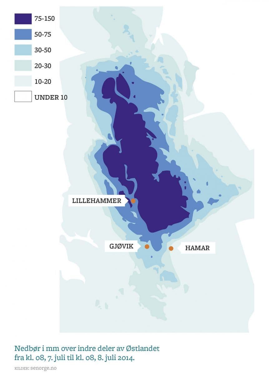 Ekstremt nedbørsdøgn på det indre Østlandet.