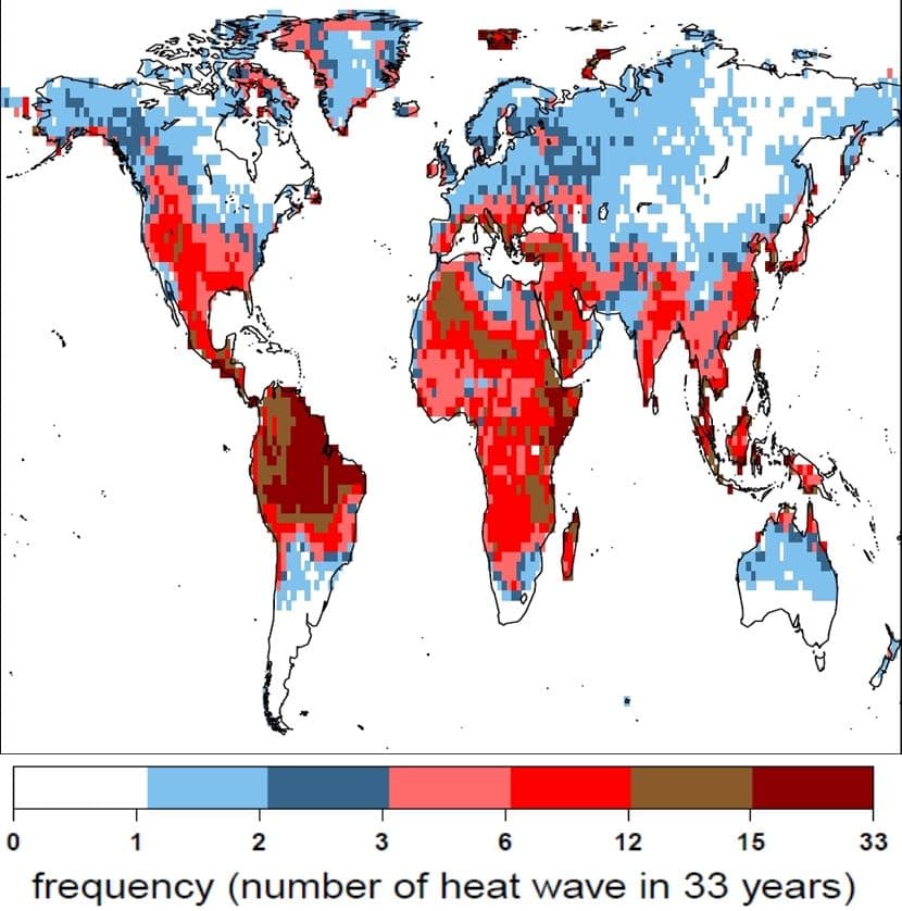 Kartet viser antall tilfeller av hetebølger med styrke 4 HWMI eller mer i løpet av 33 år ved 3 graders global oppvarming. Etter Russo og Sillmann m.fl. 2014.