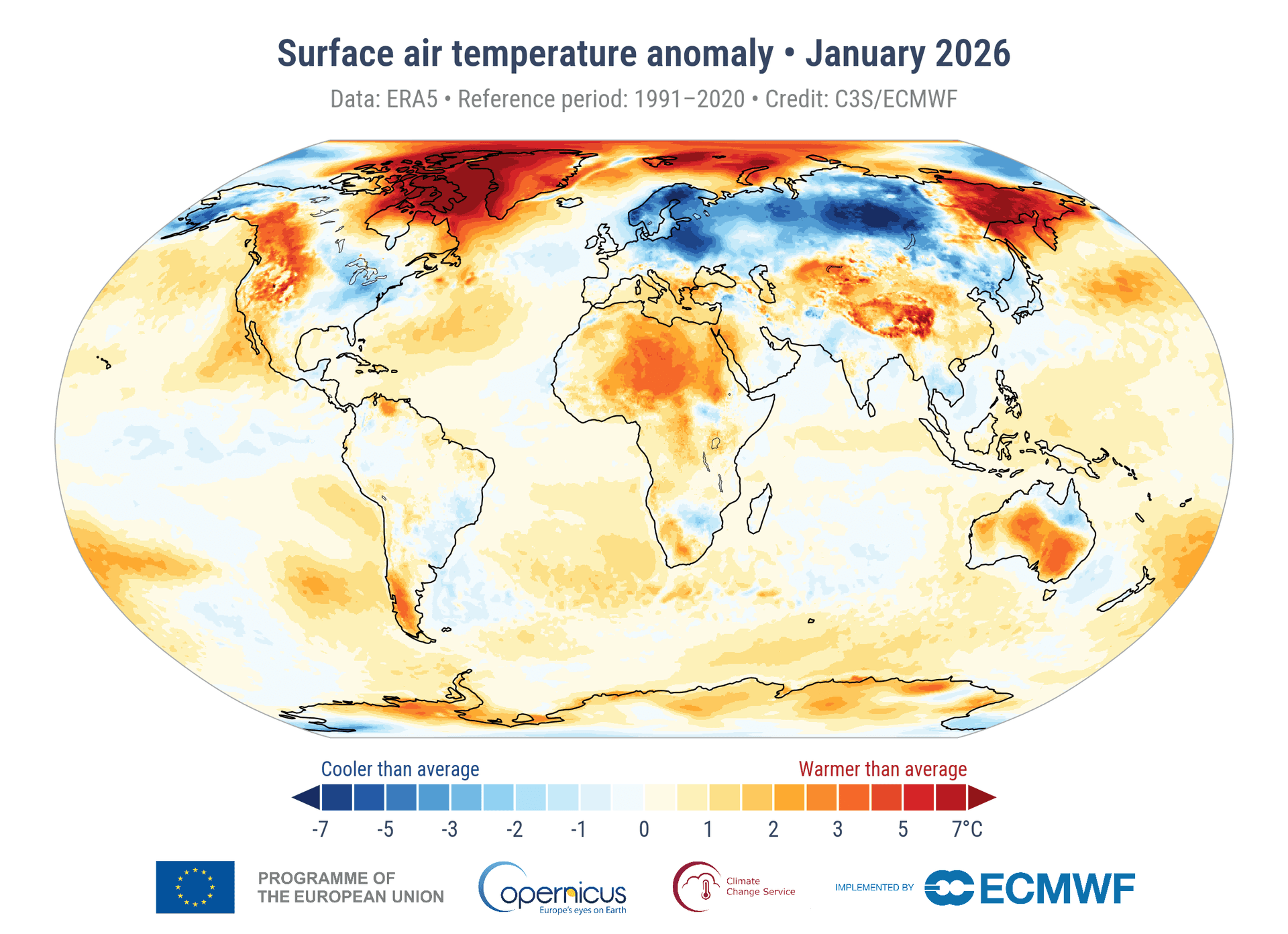 Verdenskart som viser avvik i lufttemperatur ved bakken for januar 2026, med områder varmere enn gjennomsnittet markert i oransje og rødt, og områder kaldere enn gjennomsnittet markert i blått.