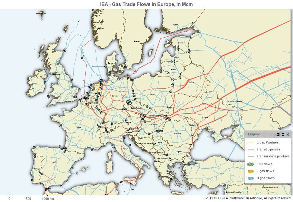 Gasstransport i Europa. Klikk på bildet for interaktivt kart med flere detaljer. (kilde: IEA)