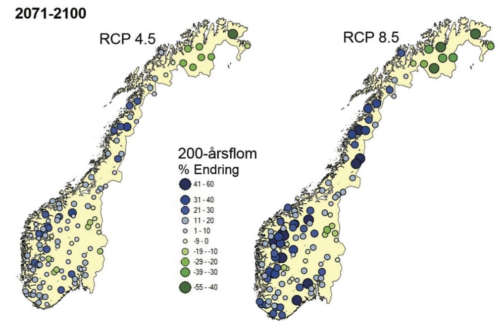 Figur 7. Endring i flomhyppighet i forskjellige vassdag mot slutten av dette århundret. Fra: Hanssen-Bauer et al. 2015.