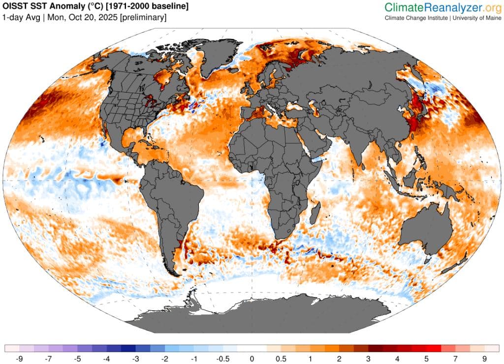Globalt kart som viser anomalier for havoverflatetemperaturen 20. oktober 2025, der de fleste havområdene er varmere enn basislinjen for 1971-2000, spesielt i det nordlige Stillehavet og Nord-Atlanteren.