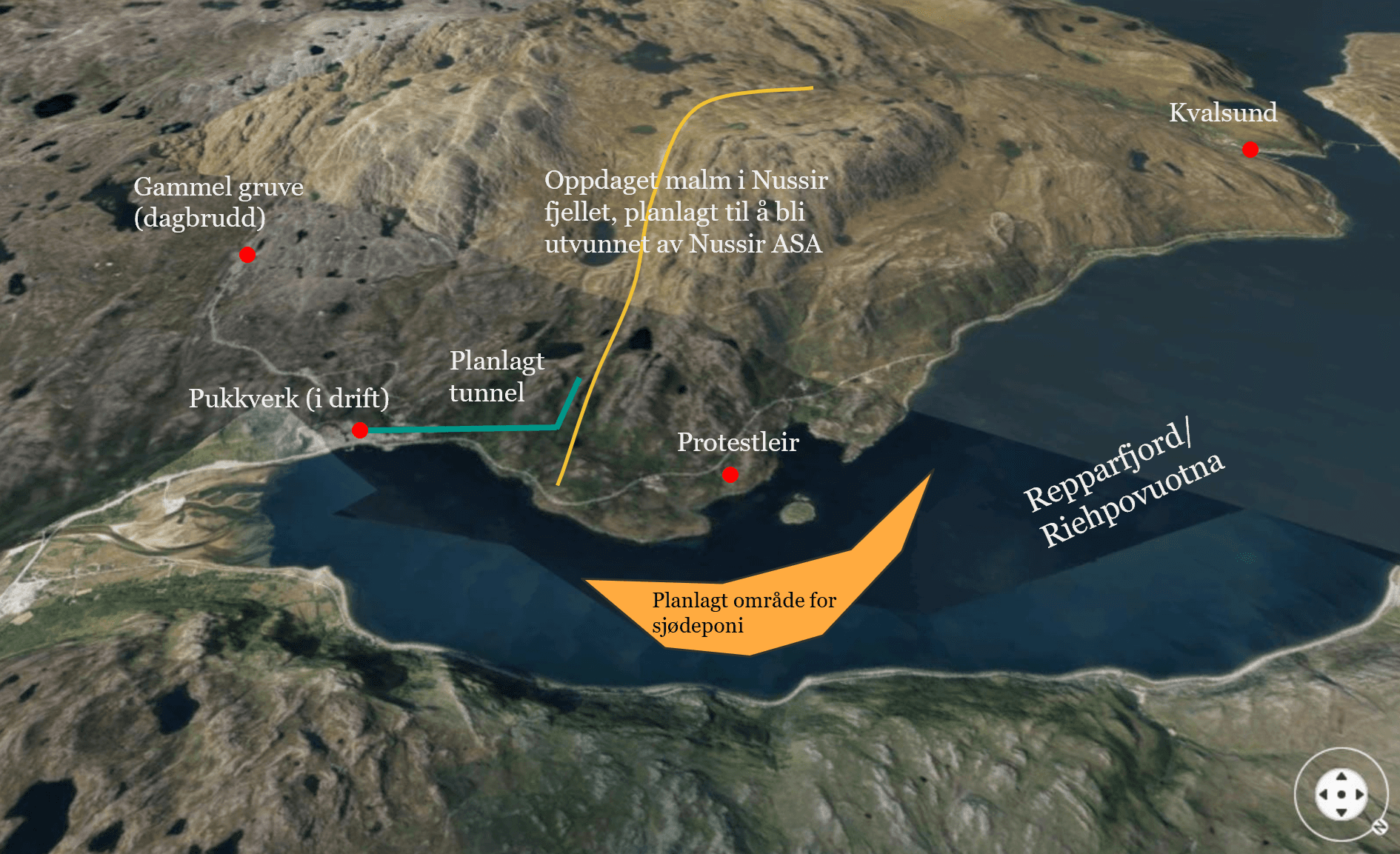 Aerial map illustrating the proposed Nussir mining project in Norway's Repparfjord, featuring a planned tunnel, crushing plant, a protest camp, and a large orange area indicating the controversial subsea tailing disposal site in the fjord.