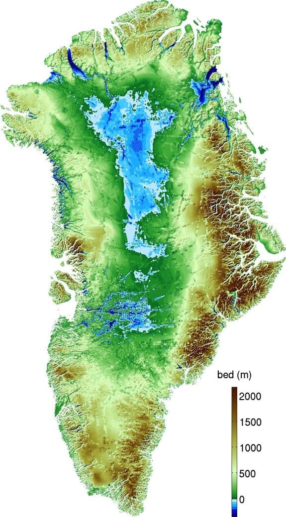 Topografi under Grønlandsisen. Mathieu Morlighems topografi viser slik Grønland ser ut i dag under isen. Det blå feltet i kartet viser områder under havnivå. Når isen trekker seg tilbake vil landheving endre bildet (Illustrasjon: Mathieu Morlighem ved NASA-JPL/ UC Irvine)