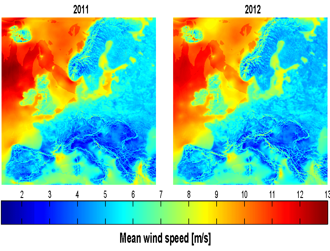 Figur 3 - Gjennomsnittlige vindhastigheter i Europa. Legg spesielt merke til vindpotensialet som er lokalisert i/rundt Nordsjøen. Kilde: NTNU