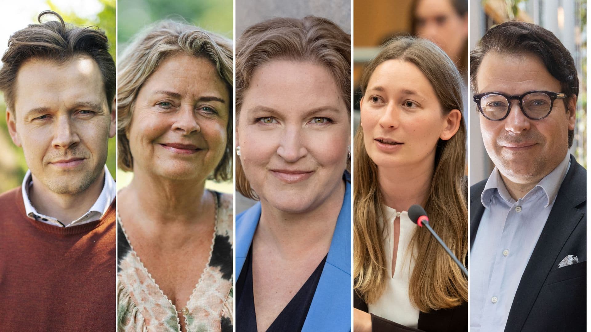 Fem personer i en kollasj, to menn og tre kvinner, de fleste smiler. En kvinne snakker i en mikrofon.