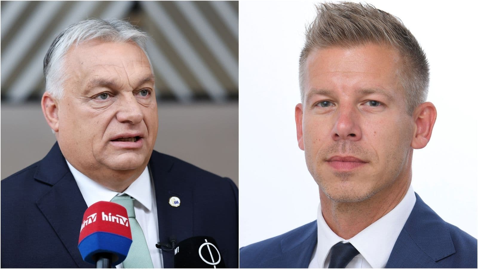 Viktor Orbán som snakker i mikrofoner ved siden av Péter Magyar, som ser inn i kameraet.