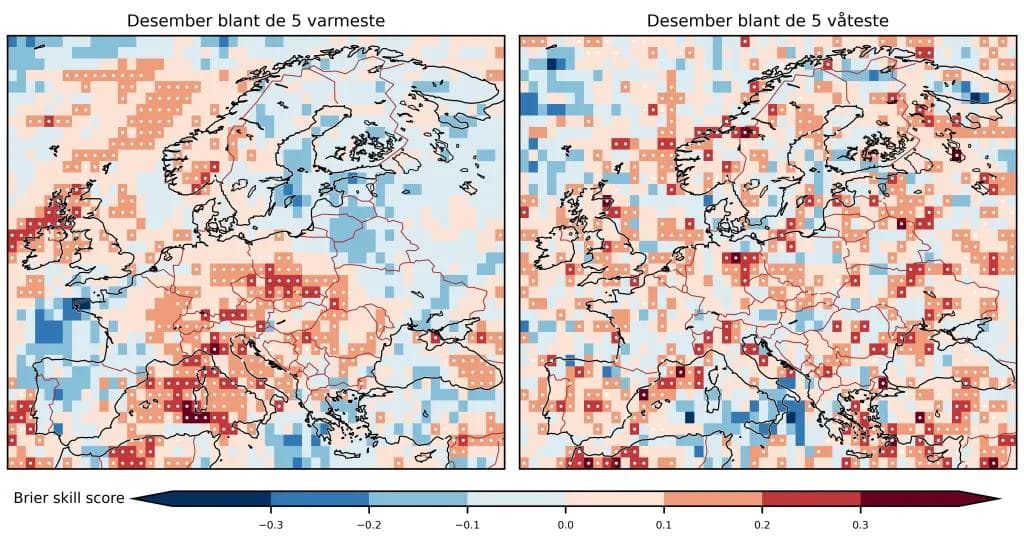 Side-ved-side kart over Europa viser Brier ferdighetspoeng for temperatur (venstre) og nedbør (høyre) i desember. Fargene varierer fra blått (lav poengsum) til rød (høy poengsum).