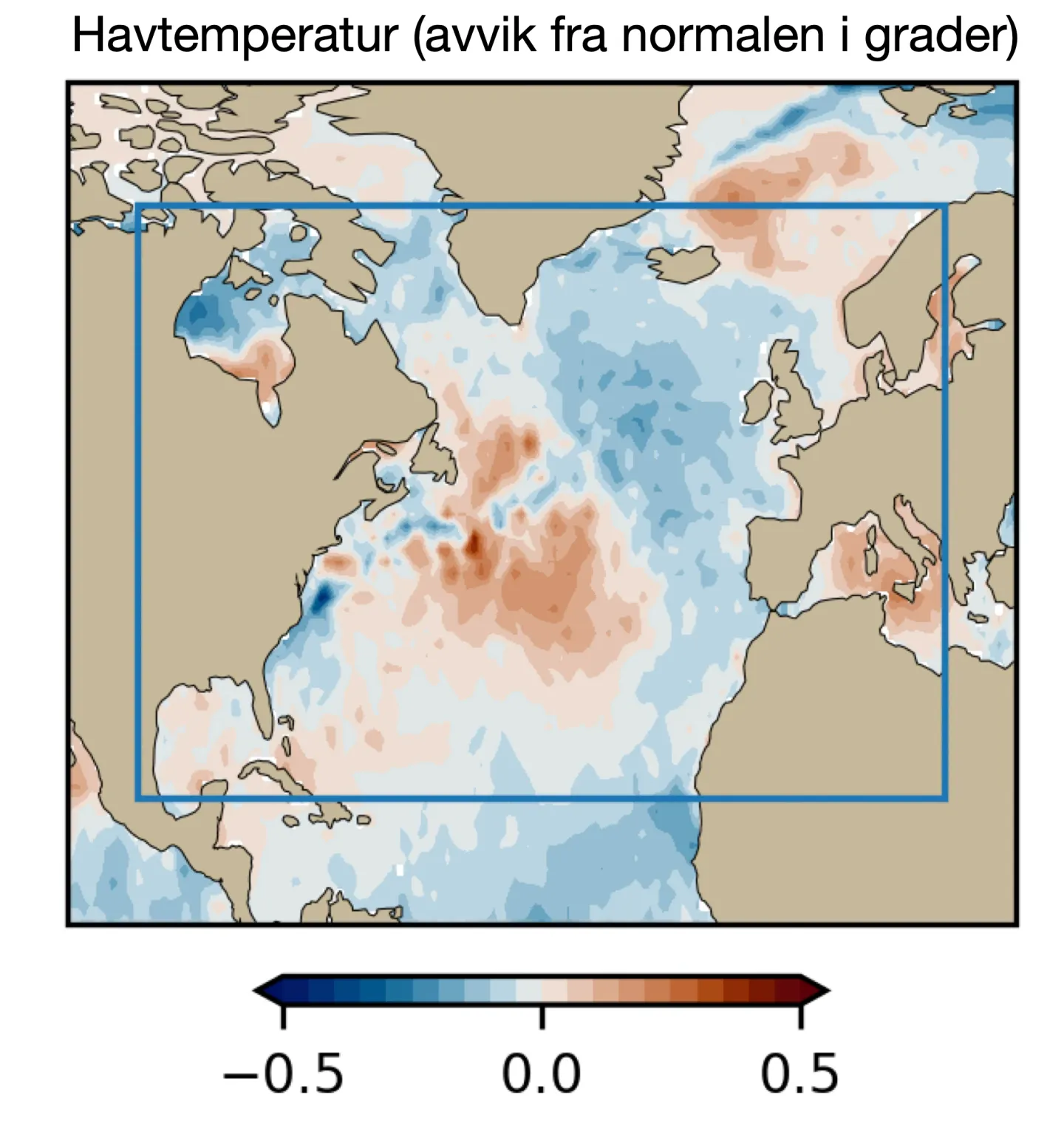 Kart over avvik fra normal havtemperatur i Nord-Atlanteren, fra −0,5 grader (kjøligere, blått) til +0,5 grader (varmere, rødt). En blå ramme markerer et sentralt område.