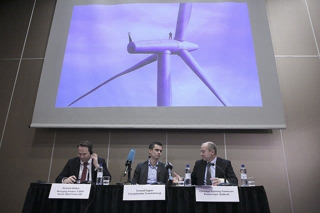 Vindpartnere: Dominik Bollier i Credit Suisse, Tormod Eggan i Trønder Energi og Christian Rynning-Tønnesen i Statkraft står sammen bak gigantprosjektet Fosen Vind. (Foto: Statkraft)