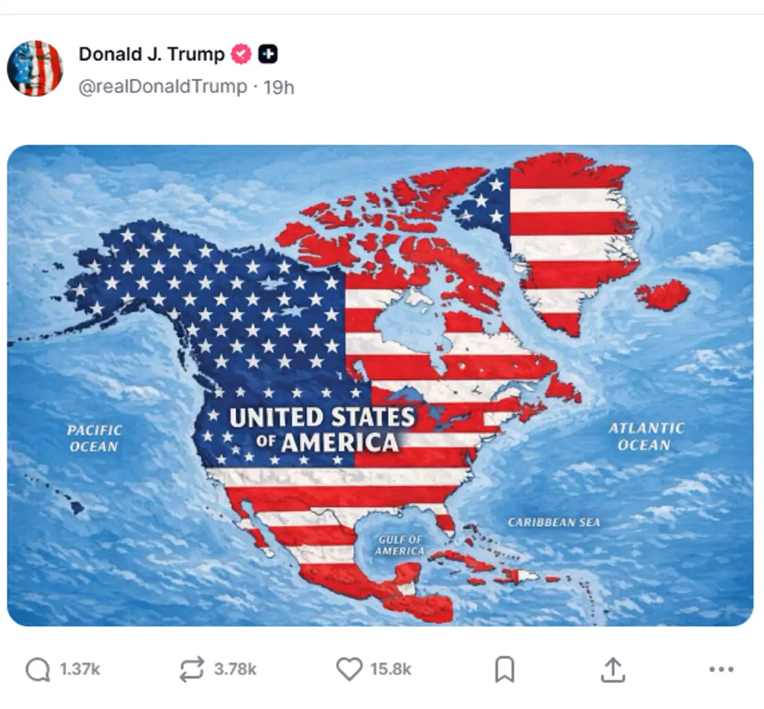 A map depicting North America, Greenland, and the Caribbean islands colored as the United States flag, with "UNITED STATES OF AMERICA" written across it.