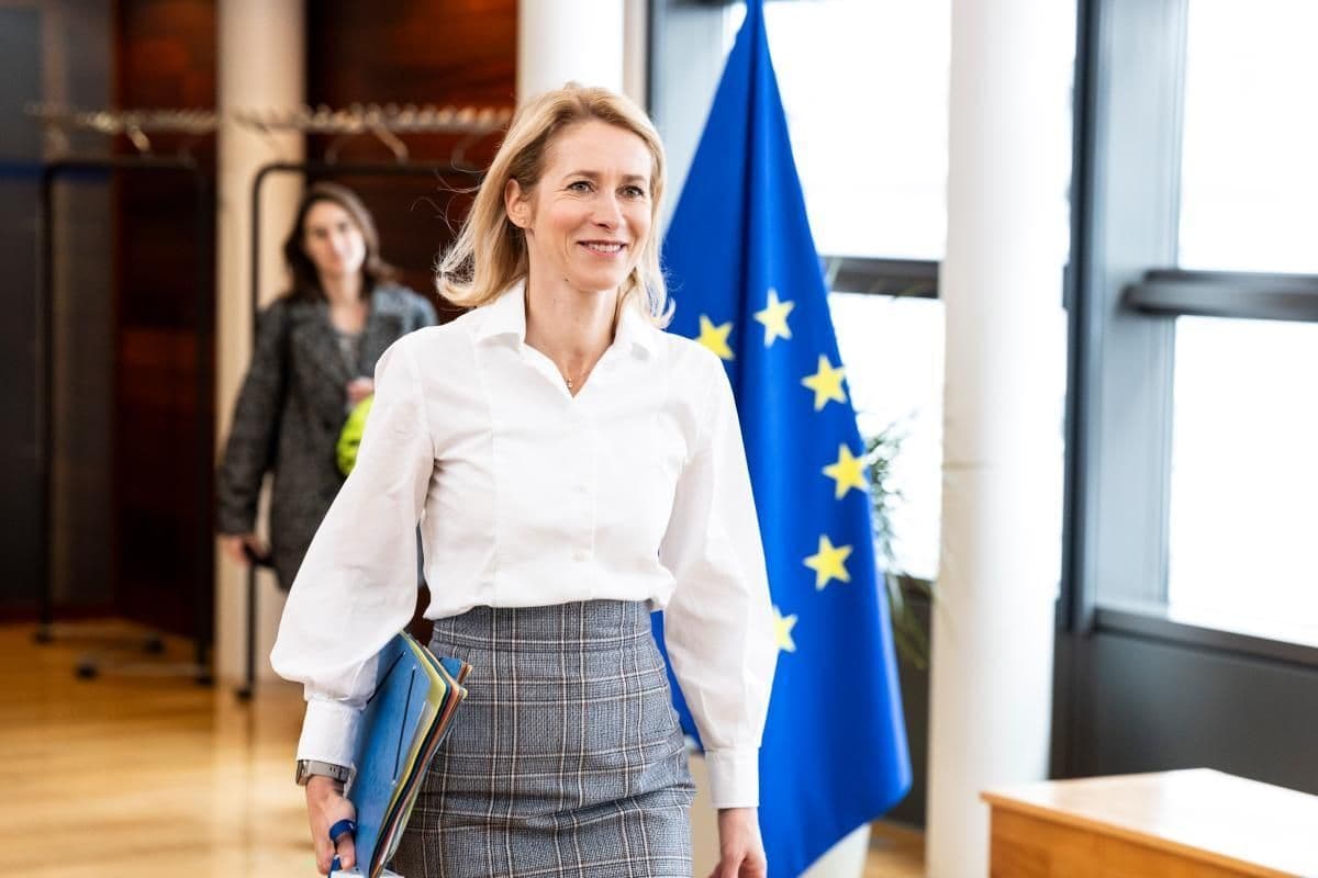 En kvinne i forretningsantrekk med mapper går forbi et EU-flagg i et kontormiljø, mens en annen kvinne er synlig i bakgrunnen.